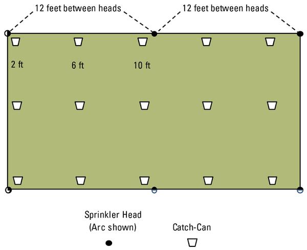 Diagram of catch-can placement with 12 feet between sprinkler heads and catch-cans at 2, 6, and 10 feet
